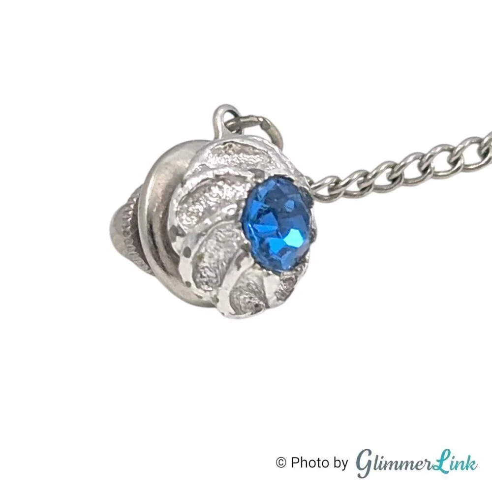 Vintage Swank Silver Tone Tie Pin Tack Blue Rhinestone Mid Century